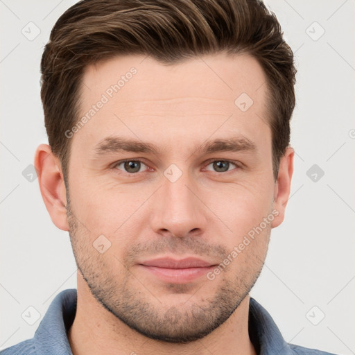 Neutral white young-adult male with short  brown hair and grey eyes