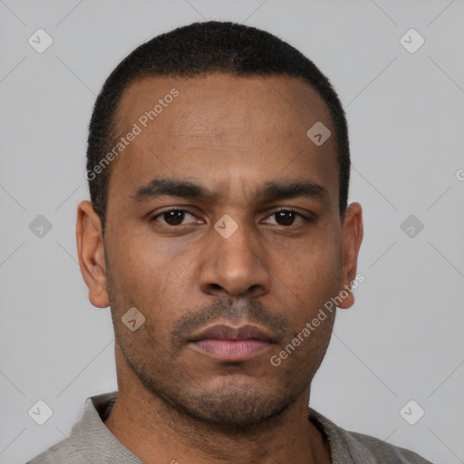 Neutral latino young-adult male with short  black hair and brown eyes