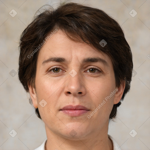 Joyful white adult female with short  brown hair and brown eyes