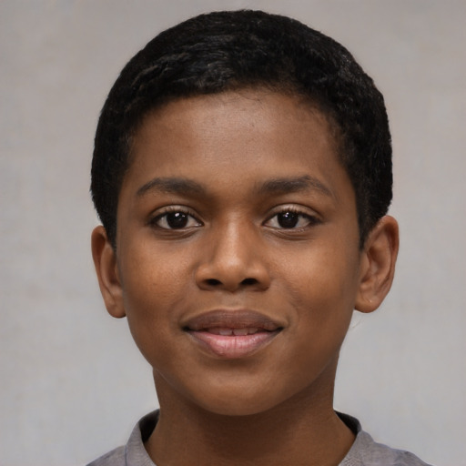 Joyful black child female with short  black hair and brown eyes
