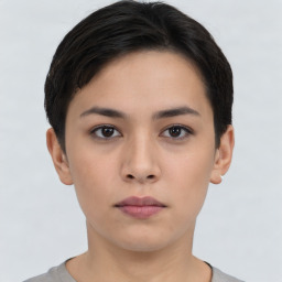 Neutral asian young-adult female with short  brown hair and brown eyes