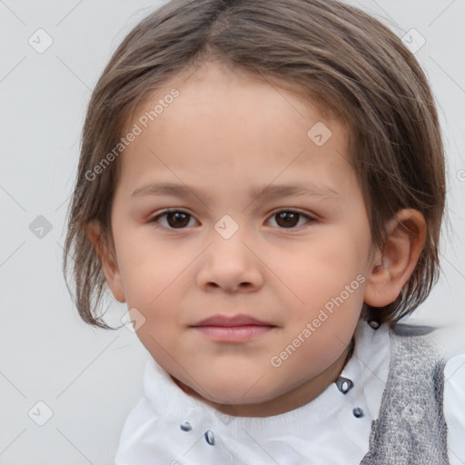 Joyful white child female with medium  brown hair and brown eyes