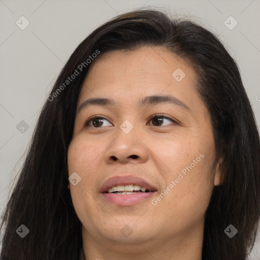 Joyful asian young-adult female with long  brown hair and brown eyes