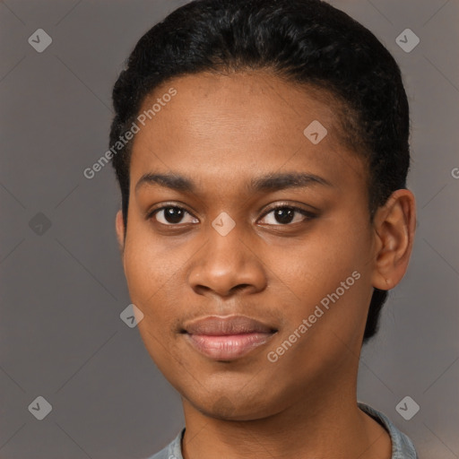 Joyful black young-adult male with short  black hair and brown eyes