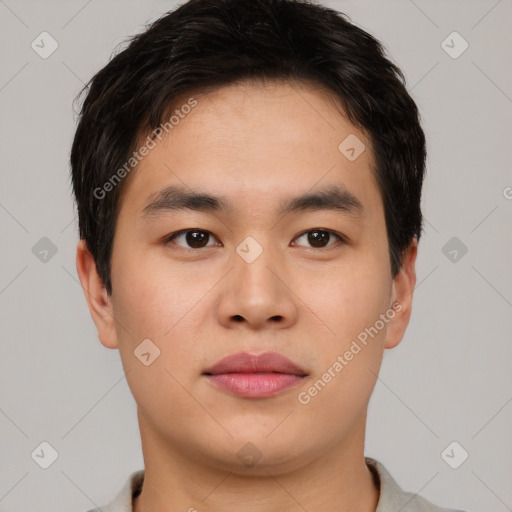 Neutral asian young-adult male with short  brown hair and brown eyes