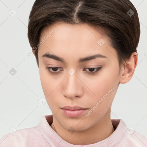 Neutral white young-adult female with short  brown hair and brown eyes