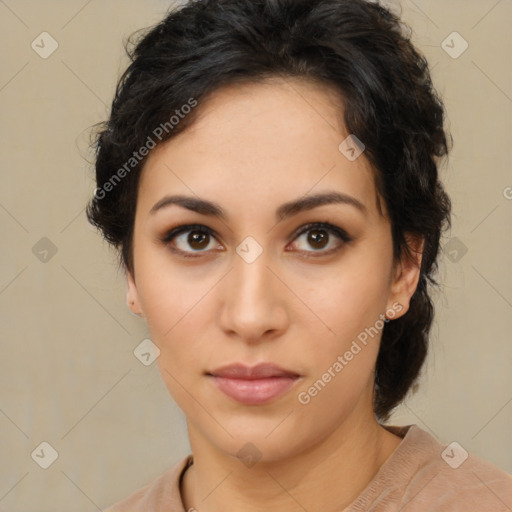 Neutral latino young-adult female with medium  brown hair and brown eyes