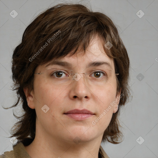 Neutral white adult female with medium  brown hair and grey eyes