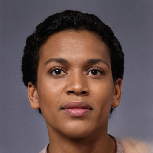 Neutral black young-adult female with short  black hair and brown eyes
