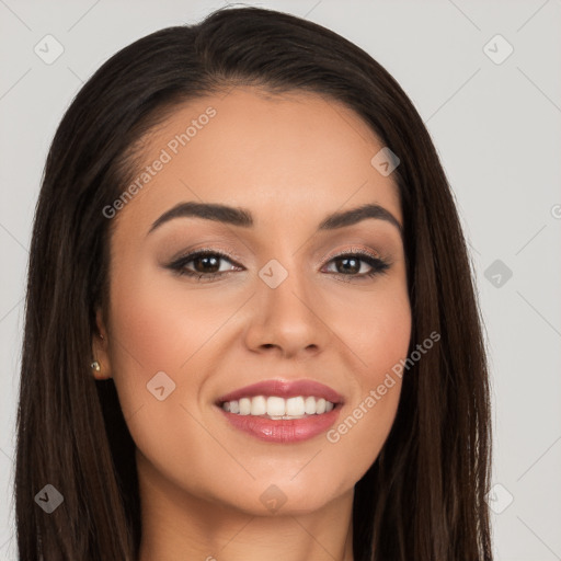 Joyful white young-adult female with long  brown hair and brown eyes