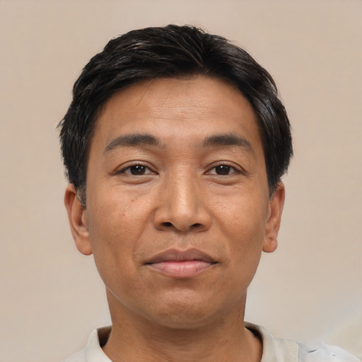 Joyful asian adult male with short  black hair and brown eyes