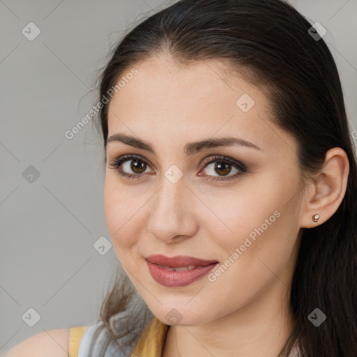 Joyful white young-adult female with long  brown hair and brown eyes