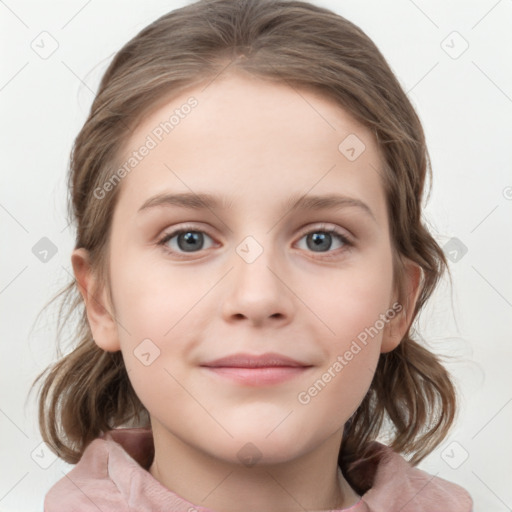 Joyful white child female with medium  brown hair and grey eyes