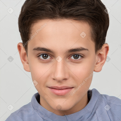 Joyful white child male with short  brown hair and brown eyes