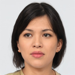 Neutral asian young-adult female with medium  brown hair and brown eyes