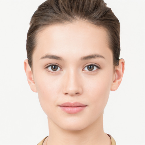 Neutral white young-adult female with short  brown hair and brown eyes