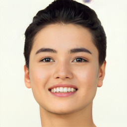 Joyful latino young-adult female with short  black hair and brown eyes