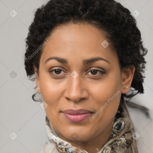 Joyful latino adult female with short  brown hair and brown eyes