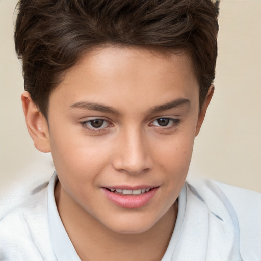 Joyful white child female with short  brown hair and brown eyes