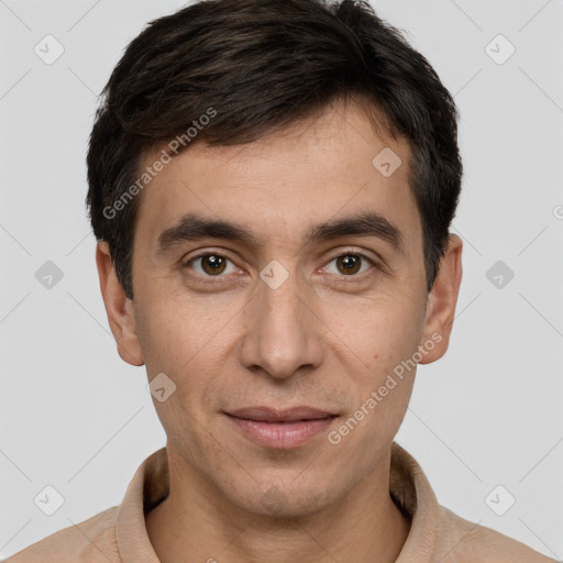 Joyful white young-adult male with short  brown hair and brown eyes