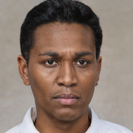 Neutral black young-adult male with short  black hair and brown eyes