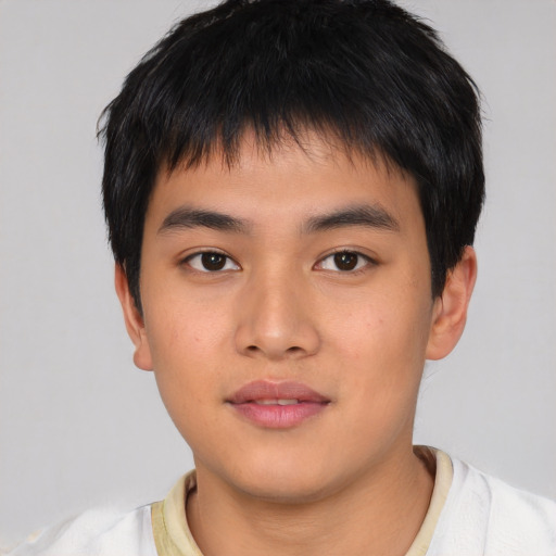 Joyful asian child male with short  brown hair and brown eyes