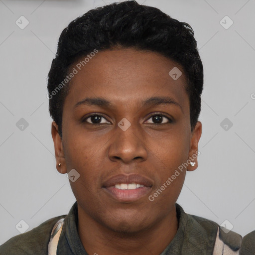 Neutral black young-adult male with short  black hair and brown eyes