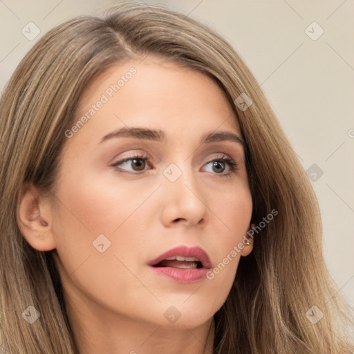 Neutral white young-adult female with long  brown hair and brown eyes