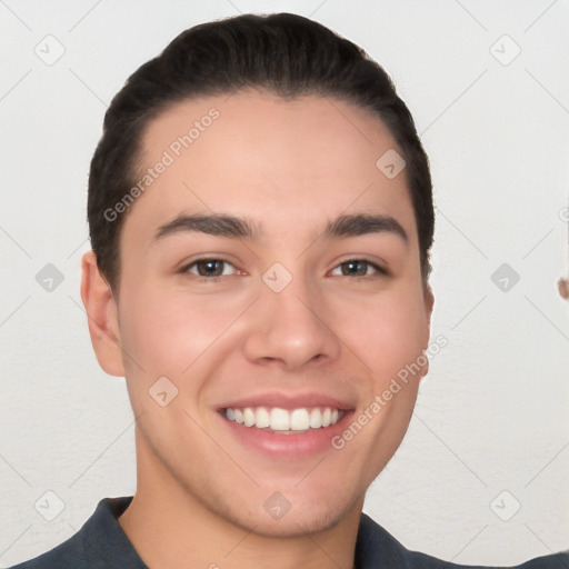 Joyful white young-adult male with short  black hair and brown eyes