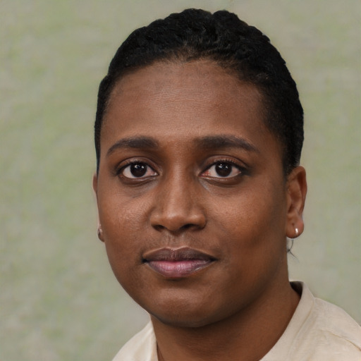 Neutral black young-adult female with short  black hair and brown eyes