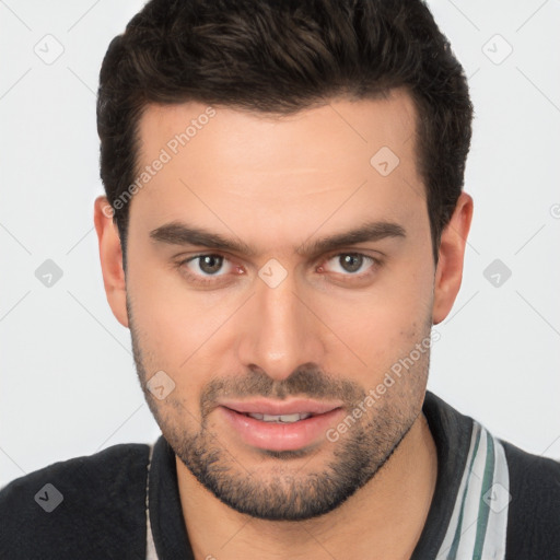 Joyful white young-adult male with short  brown hair and brown eyes