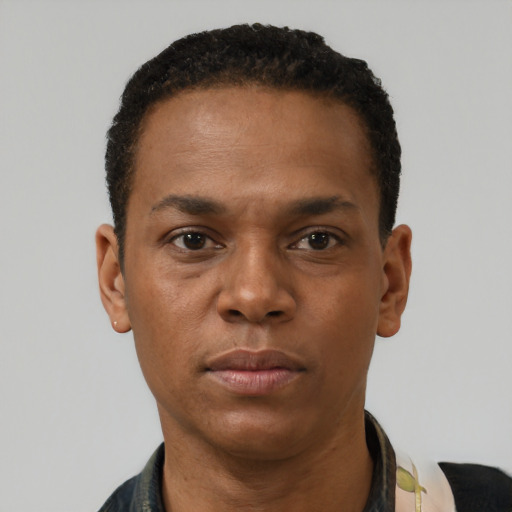 Neutral black young-adult male with short  black hair and brown eyes