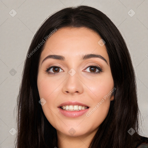 Joyful white young-adult female with long  black hair and brown eyes