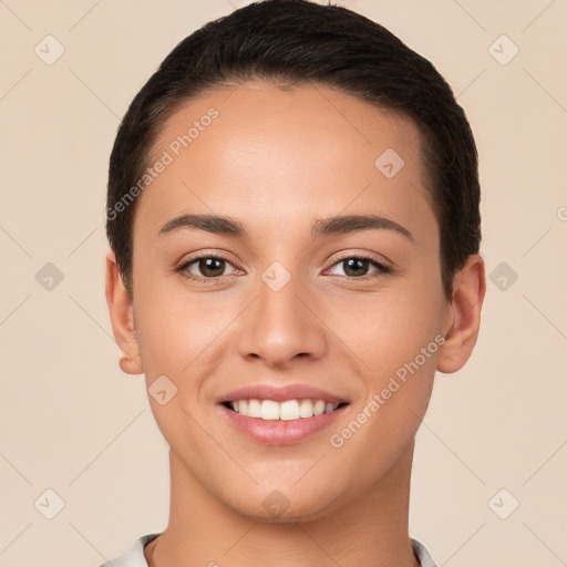 Joyful white young-adult female with short  brown hair and brown eyes