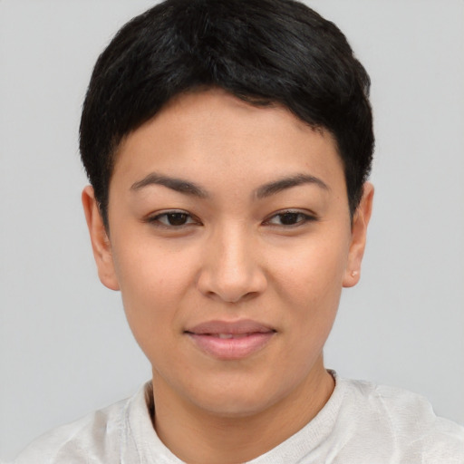 Joyful asian young-adult female with short  black hair and brown eyes