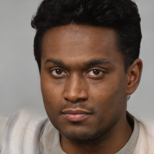 Neutral black young-adult male with short  black hair and brown eyes