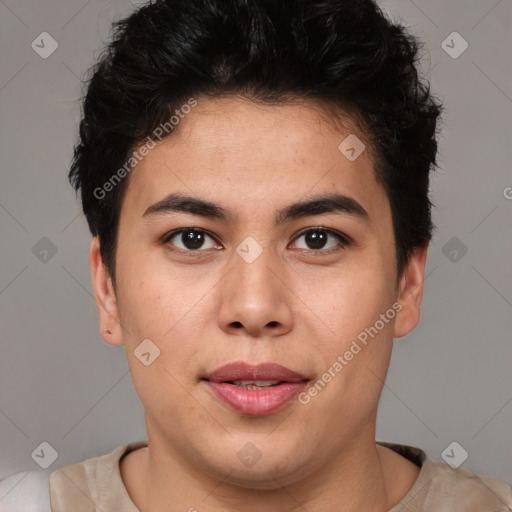 Joyful latino young-adult male with short  brown hair and brown eyes