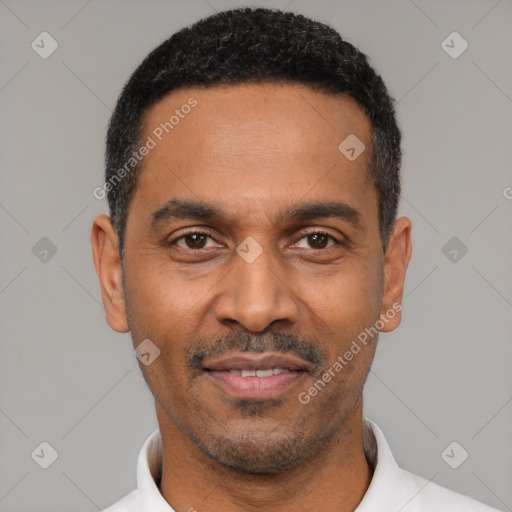 Joyful latino adult male with short  black hair and brown eyes