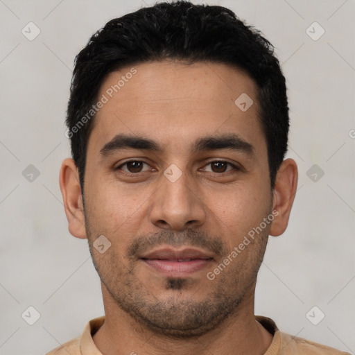 Neutral latino young-adult male with short  black hair and brown eyes