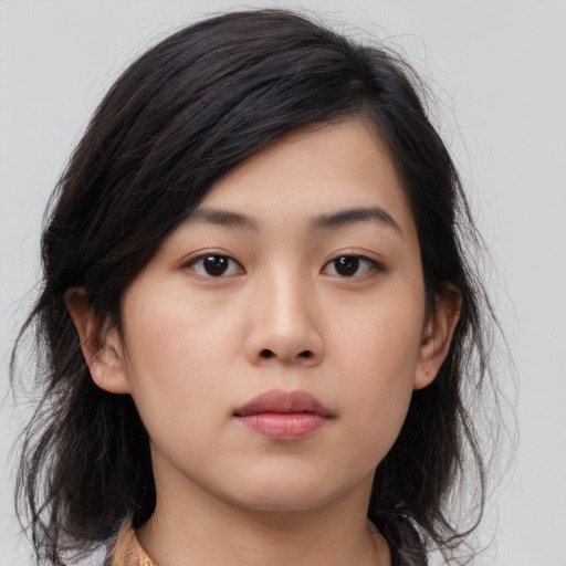Neutral asian young-adult female with medium  brown hair and brown eyes