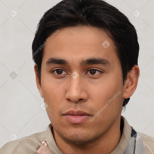 Neutral asian young-adult male with short  black hair and brown eyes