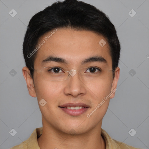 Joyful latino young-adult male with short  brown hair and brown eyes