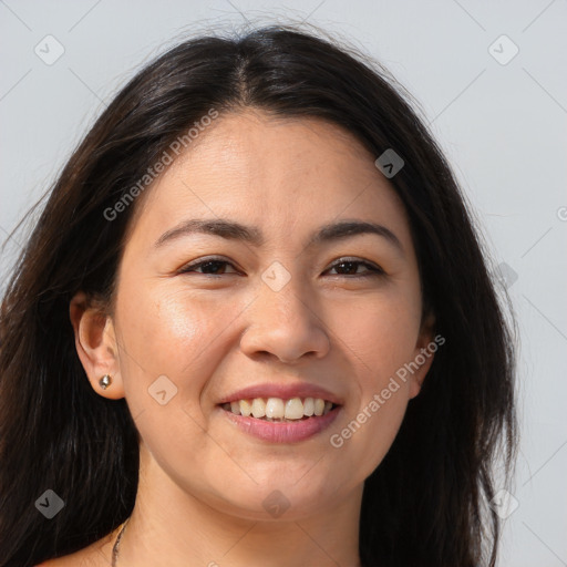 Joyful white young-adult female with long  brown hair and brown eyes