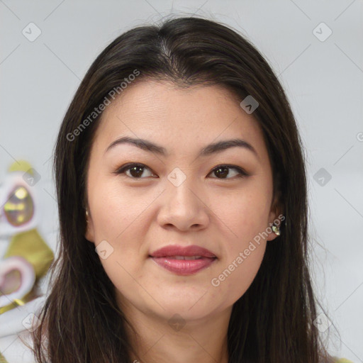 Joyful white young-adult female with long  brown hair and brown eyes