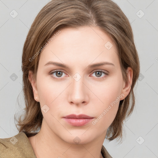 Neutral white young-adult female with medium  brown hair and grey eyes