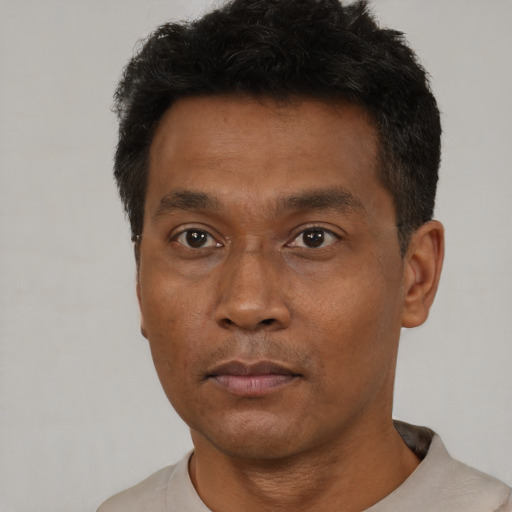 Neutral black adult male with short  black hair and brown eyes