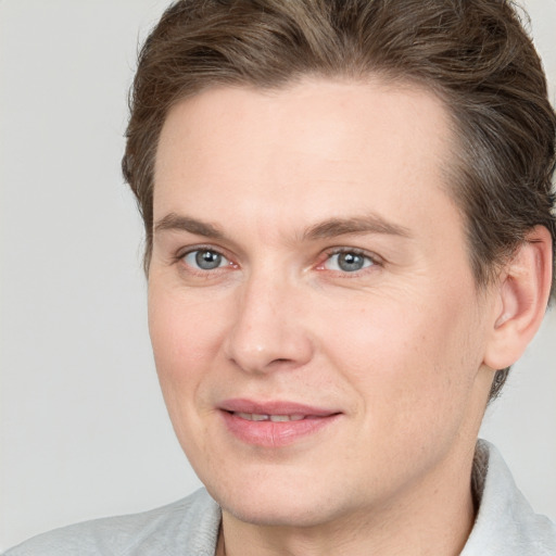 Joyful white adult male with short  brown hair and grey eyes