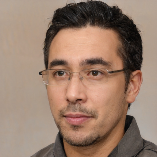 Neutral white adult male with short  black hair and brown eyes