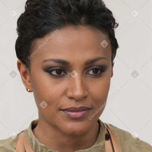 Joyful latino young-adult female with short  brown hair and brown eyes