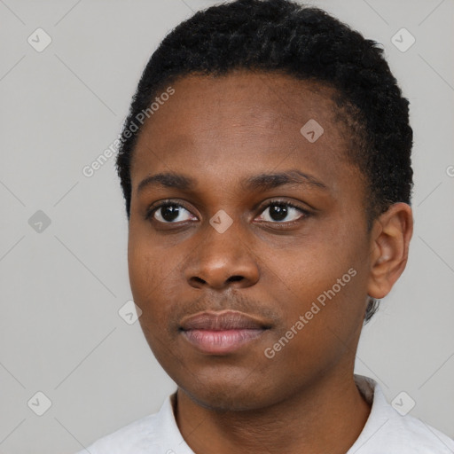 Neutral black young-adult female with short  black hair and brown eyes